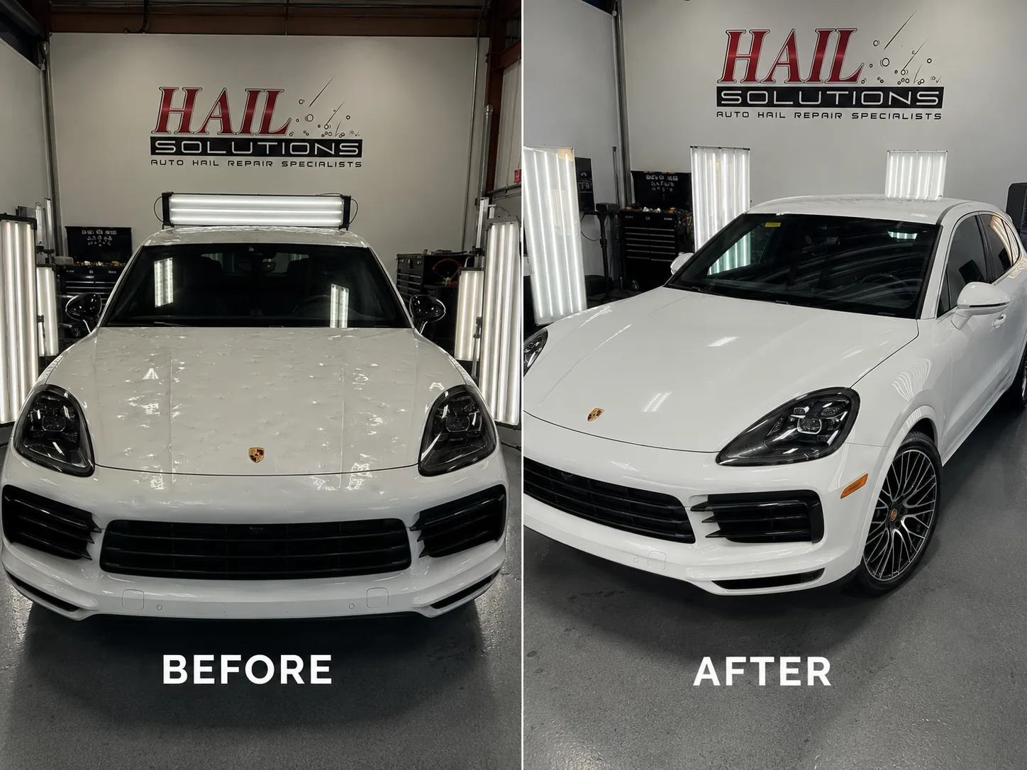 White Porsche Cayenne before and after hail damage repair — hood dents restored to factory finish by Hail Solutions serving Leawood, KS