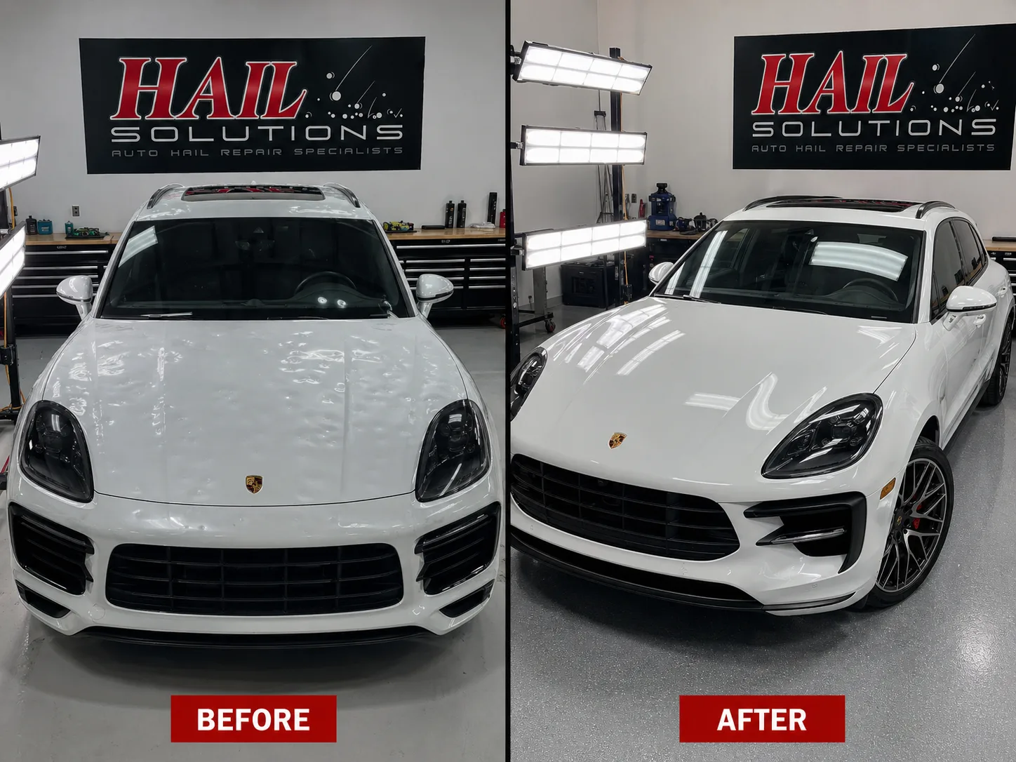 White Porsche Macan before and after hail damage repair — hood dents restored to factory finish by Hail Solutions serving Raymore, MO