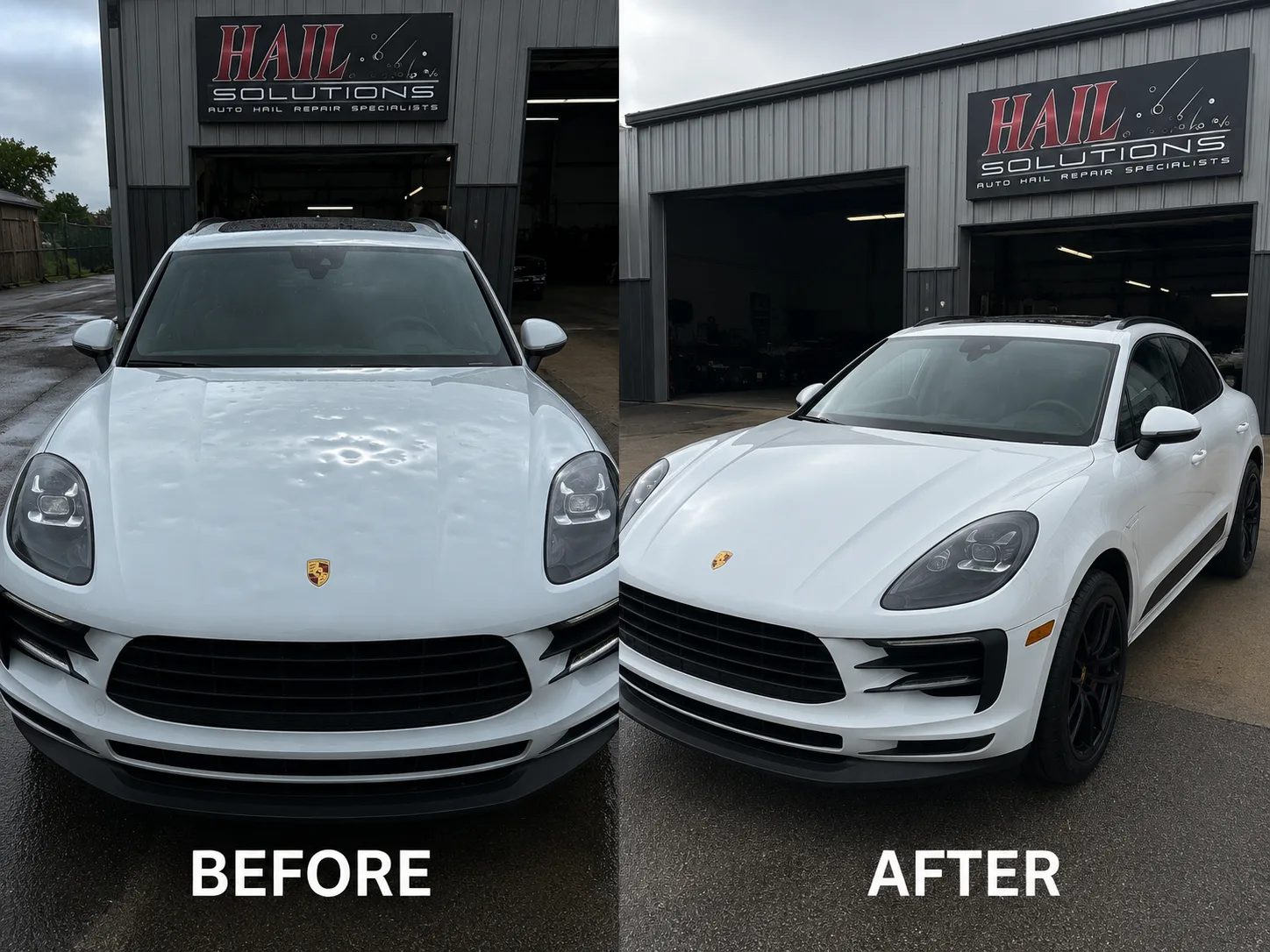 White Porsche Macan with hail dents across the hood and roof, before and after paintless dent repair for a Parkville, MO driver