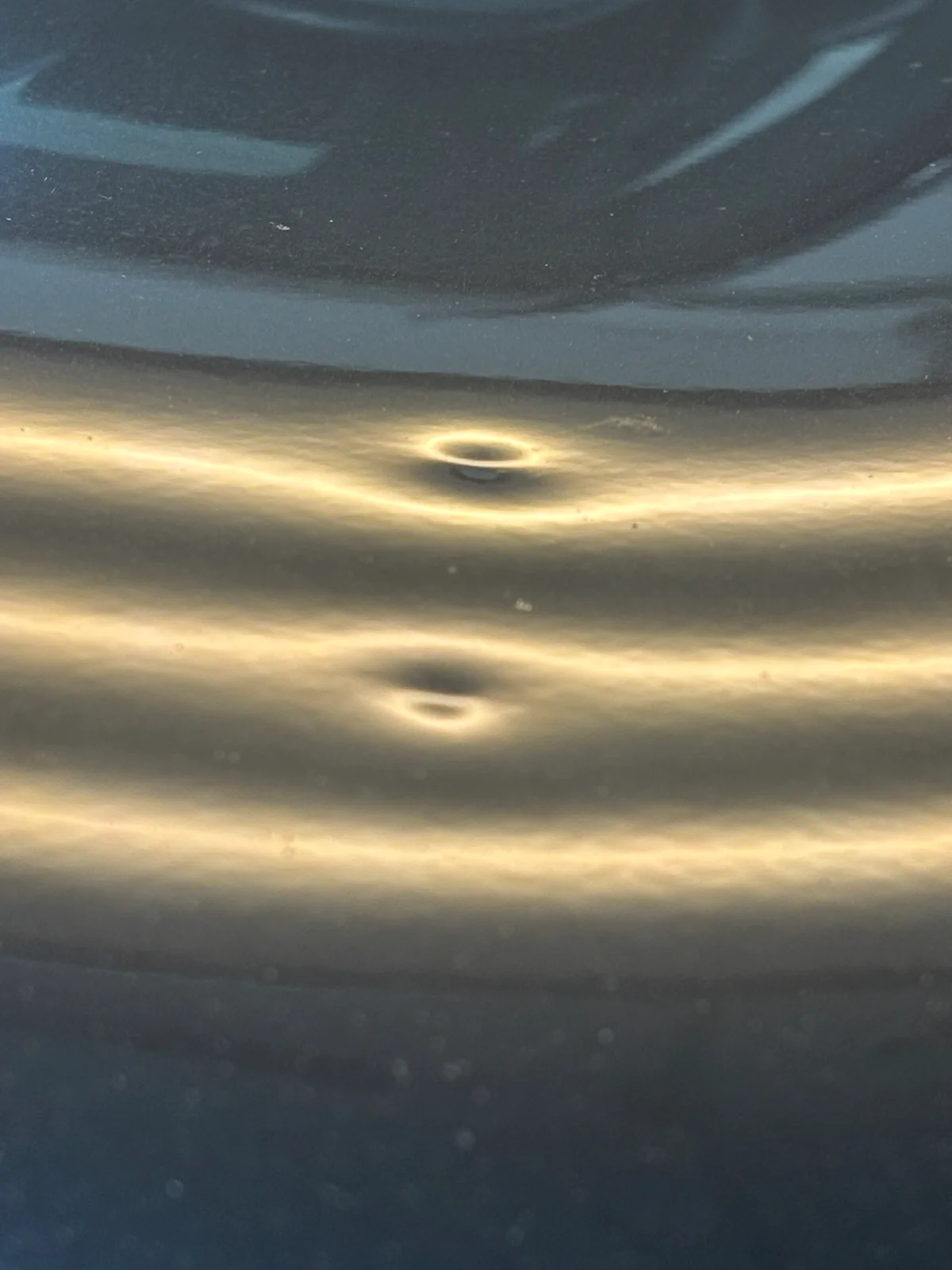 Vehicle hood under LED line-board inspection at Hail Solutions — southwest storm entry damage from Gardner, KS documented panel-by-panel